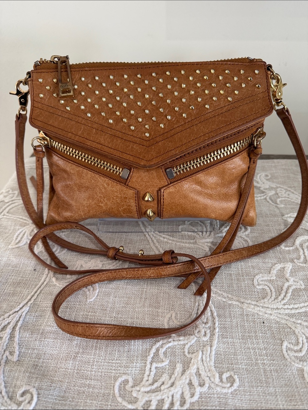 Boikier Tan Distressed Leather Crossbody Bag with Studded Accents